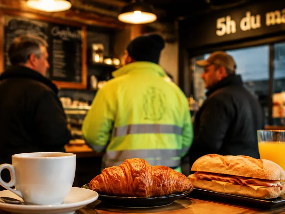 Café, croissant et sandwich sur le comptoir dès 5h du matin, avec des habitués du marché